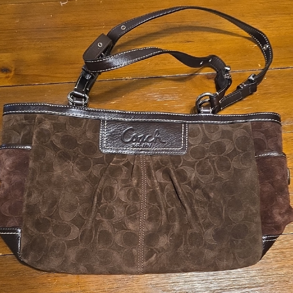 Coach F14000 Signature CEmbossed Chocolate Brown SuedeGallery Shoulder Tote